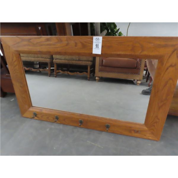 Oak Framed Hall Mirror w/Coat Hooks - No Shipping