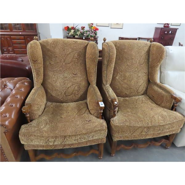 Oak Trim Brown Cloth Padded Wingback Chairs - Pair