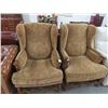 Image 1 : Oak Trim Brown Cloth Padded Wingback Chairs - Pair