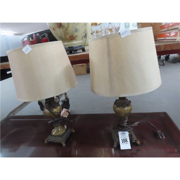 Ornate Brown Marble Style Small Lamps - Pair