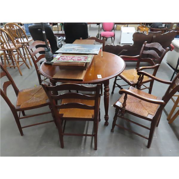 Carved Mahogany Round Dining Table w/6 Rush Ladderback Chairs