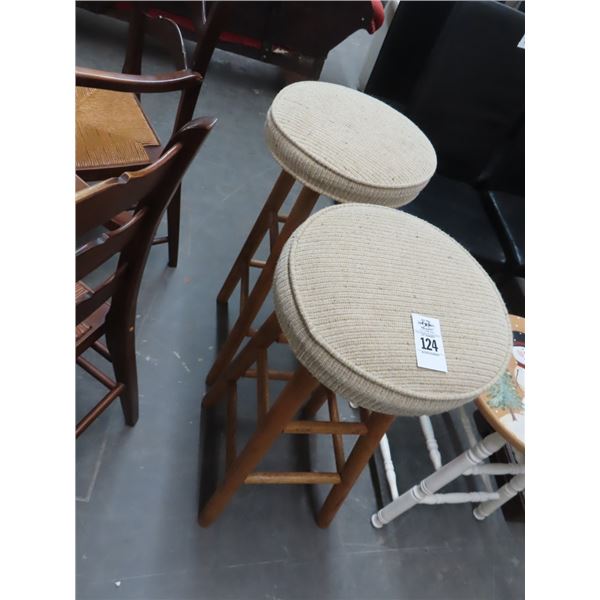 Oak Padded Small Bar Stools - Pair