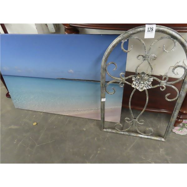 Ornate Metal Window Style Wall Art w/Beach Scene