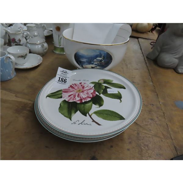 Thomas Kinkaid Sunday Sleigh Ride Bowl, Tricolor Floral Dishes, Etched Glassware