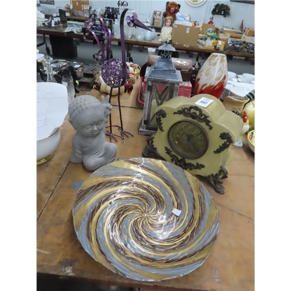 Mantle Clock, Cherub, Art Glass Bowl, Candle Lantern, Metal Bird