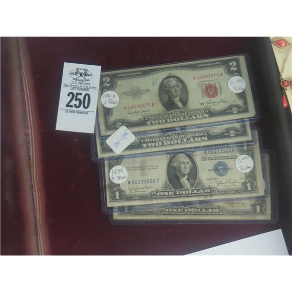 Red Seal $2 Bill 2, Blue Seal $1 Bill - 2