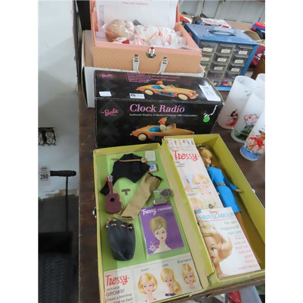 Clock Radio, Dolls, Parts Bin w/Doll Accessories