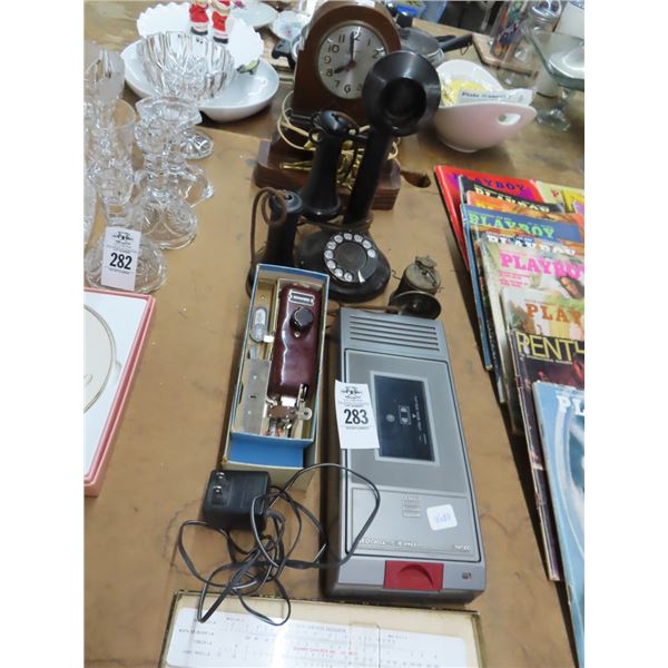 Vintage Phone, Mantle Clock, Tape Recorder, More