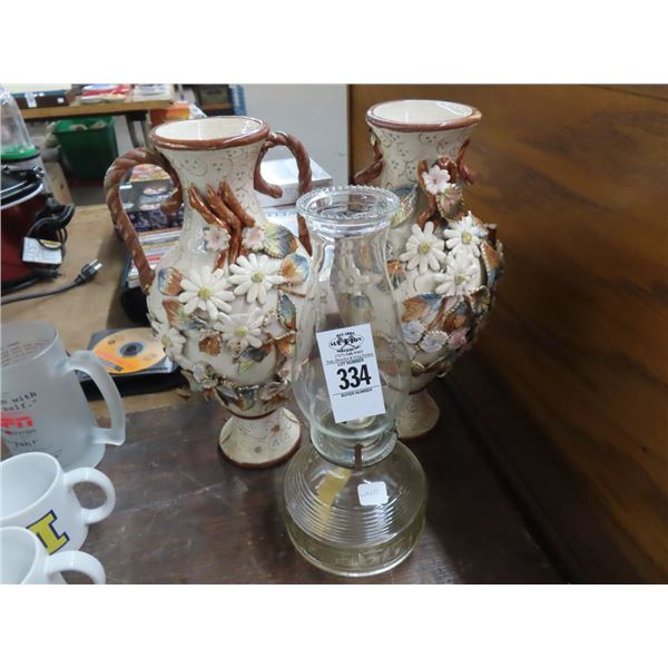 Ornate Floral Vases Pair, Oil Lamp