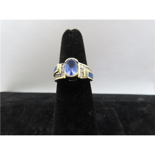 14K YG Tanzanite/Diamond/Opal Ring w/One Oval Mixed Tanzanite, 14