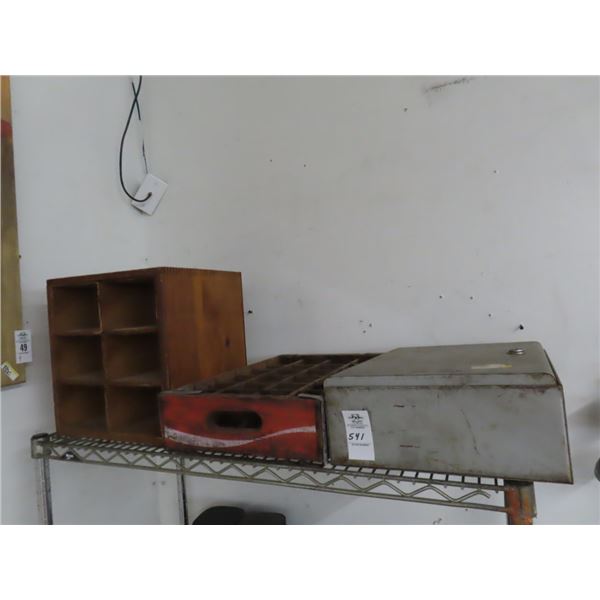 Vintage Metal Cabinet, Coke Tray, Wood Bin Cabinet