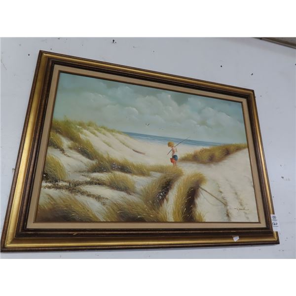 Framed Oil On Canvas Child On Beach