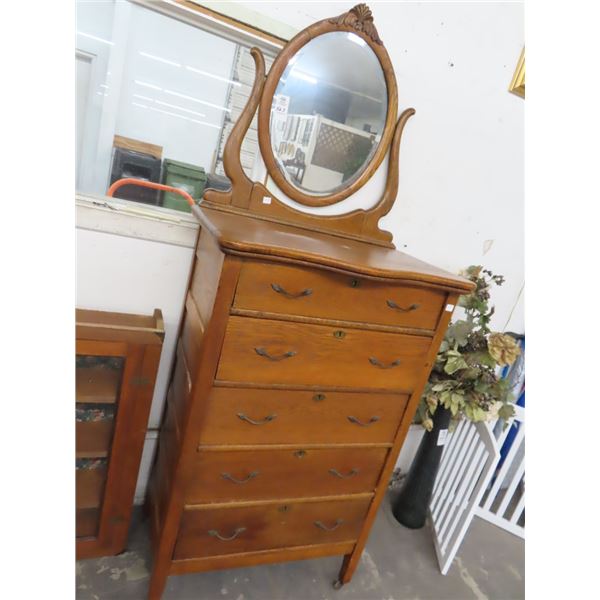 Tiger Oak 5 Drawer Rolling Chest w/Beveled Mirror