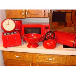 Red Kitchen Items-Microwave,breadbox, teakettle-7 items