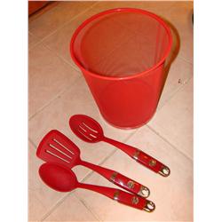Red Kitchen Utensils & Wastebasket