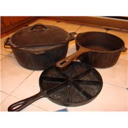 3 Cast Iron Items:Bean Pot, Cornbread Pan, & Skillet