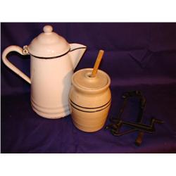 Kitchen Items:Enamel Pot, Apple Peeler, Mini Churn