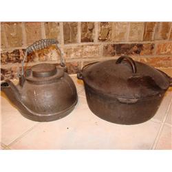 2 Cast Iron Pots: A Bean Pot & a Tea kettle