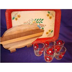 Vintage Kitchen Tray,Pig Cutting Board, "Groovy" Glasses