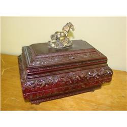 Orante Wood Box-Horse Head Top, black velvet lined.