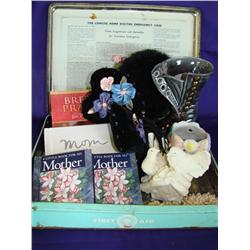 Vintage 1st Aid Box w/contents:figurines, earings, misc.