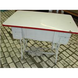 Red & White Enamel Top Table w/Sewing Machine Base