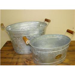 2 Oval Metal Buckets with Wood Handles