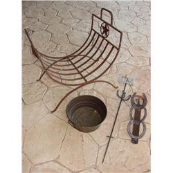 4 Metal Items:Log Rack, Pot, Horseshoe Hangers