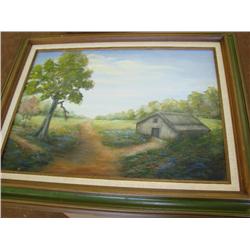 Bluebonnets & Country Barn Oil on Canvas