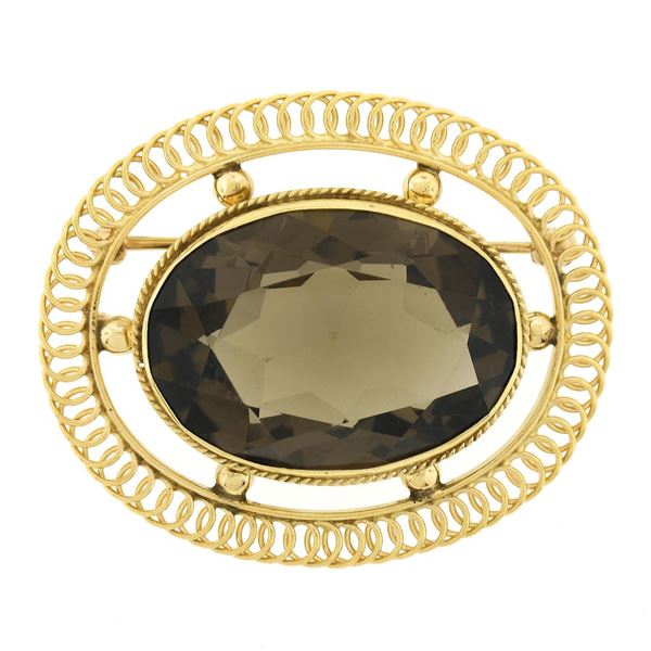 Vintage 14K Gold Large Oval Smoky Quartz Wire Bead Work Frame Pin Brooch Pendant