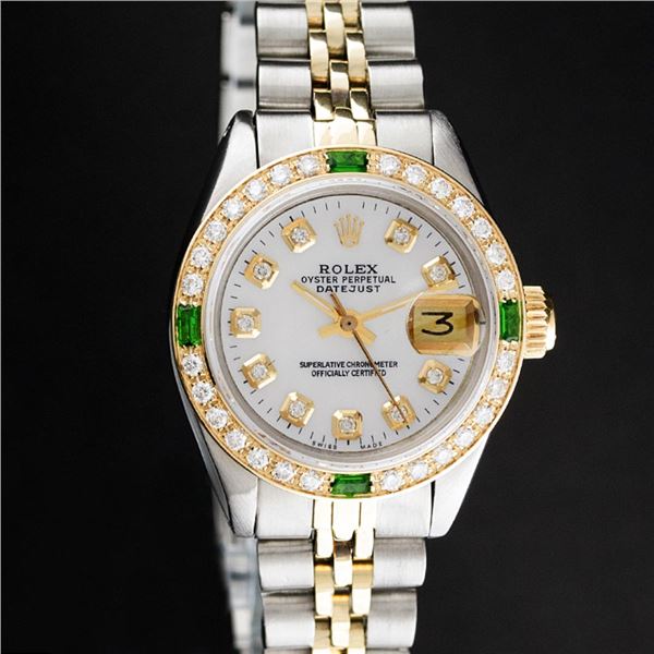Rolex Ladies Quickset Two Tone White Diamond And Emerald Datejust Wristwatch
