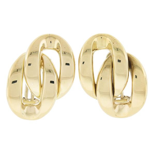 Estate Solid 18K Yellow Gold Polished Interlocking Curb Stud Post Omega Earrings