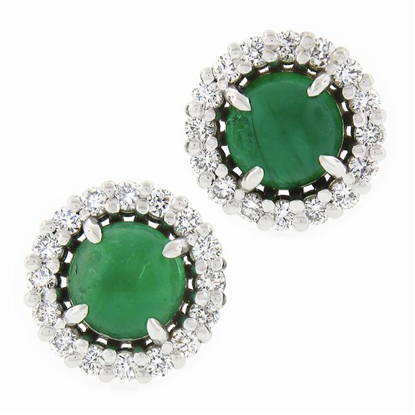 NEW 18k White Gold 1.72 ctw Round Cabochon Emerald w/ Diamond Halo Stud Earrings