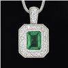 Image 3 : 14k White Gold GIA Emerald Cut Emerald Diamond Mil grain Halo Pendant & 18" Chai