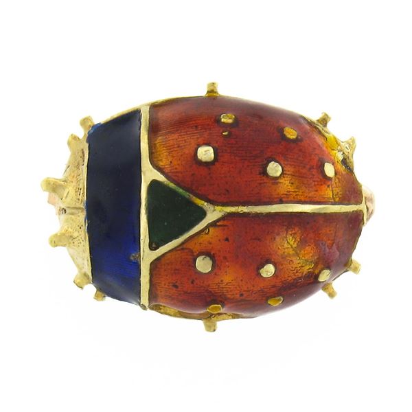 Vintage 14K Yellow Gold Red Green Blue Enamel Textured Domed Ladybug Brooch Pin