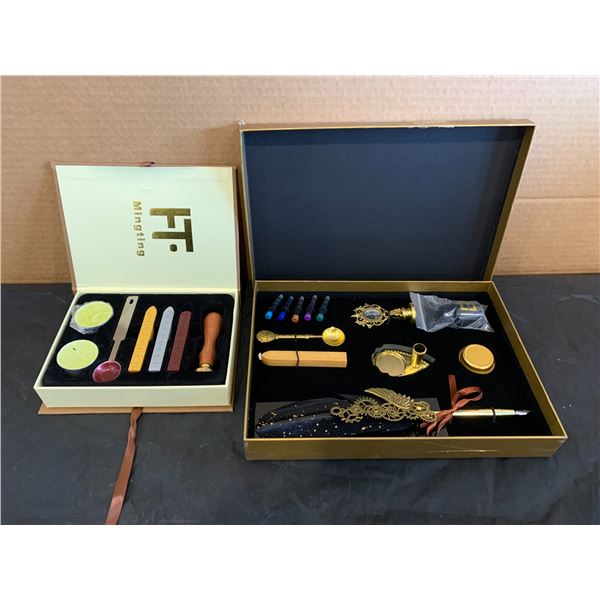 Lot of 2 Wax Stamp Sets - Includes Quill Dip Pen and Accessories