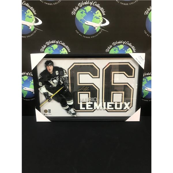 PROFESSIONALLY FRAMED MARIO LEMIEUX SIGNED 20 X 28 SHADOWBOX (FRAMEWORTH COA)