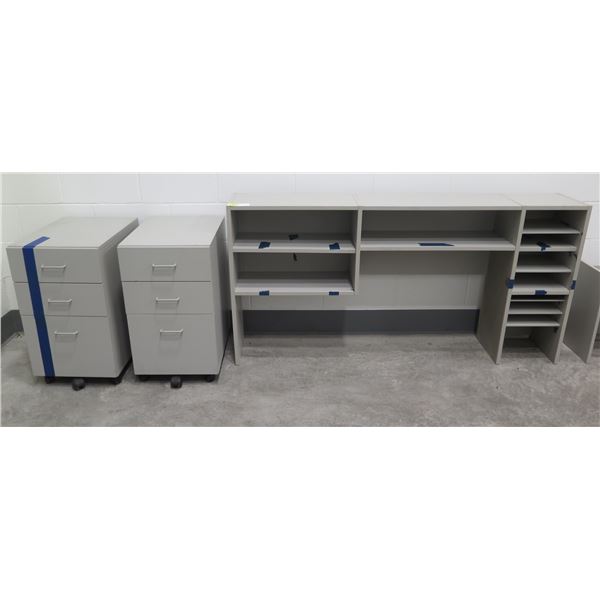 Qty 2 Rolling 3-Drawer Cabinets 24" x 16" x 28"H & Multi-Compartment Shelf Organizer 66" x 13" x 20"
