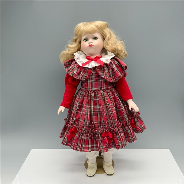 Teary Eyed Girl in a Plaid Dress Porcelain Doll