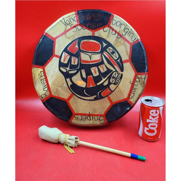 Handmade Aboriginal Soccer Club Hand Drum & Mallet