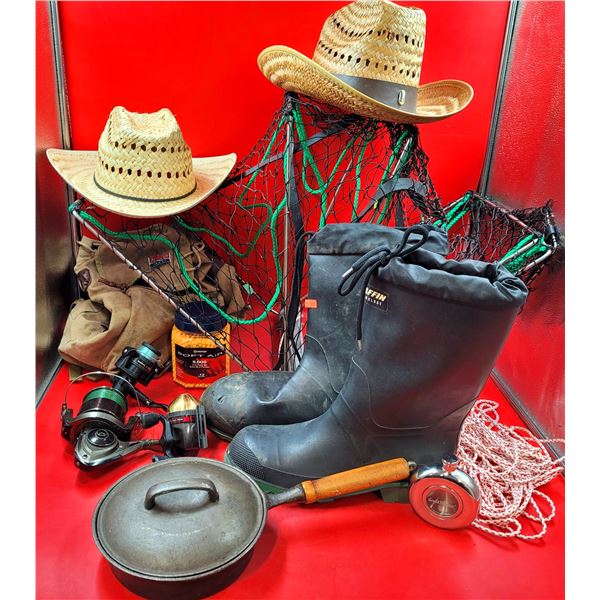 Boots, Fishing Net, Hats, Reels & Fishing Lot