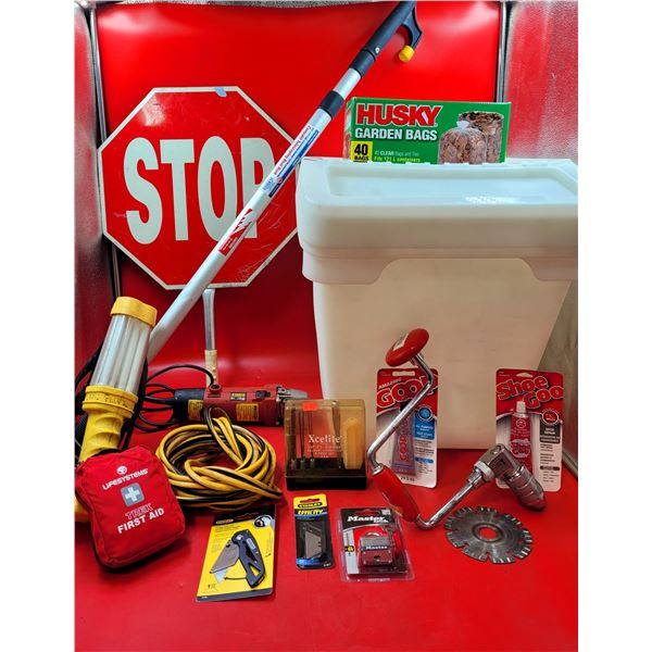 Flagging Stop Sign, First Aid Kit, Garden Bags & Tool Lot