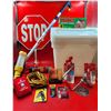 Image 1 : Flagging Stop Sign, First Aid Kit, Garden Bags & Tool Lot