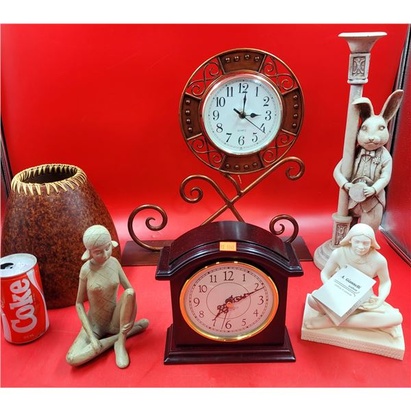 Bunny Statue, Mantle Clock, Vase & Collectible Lot