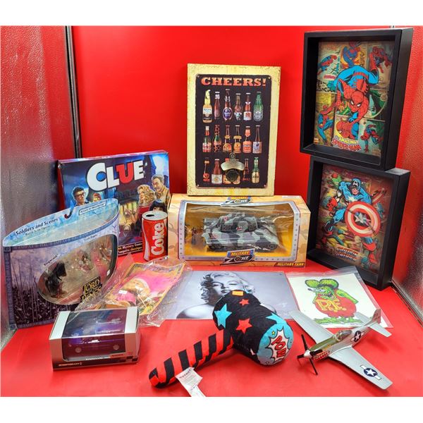 Clue Game, Lord Of The Rings & Military Zone Figurines, Framed Marvel Pictures, Toy & Decor Lot