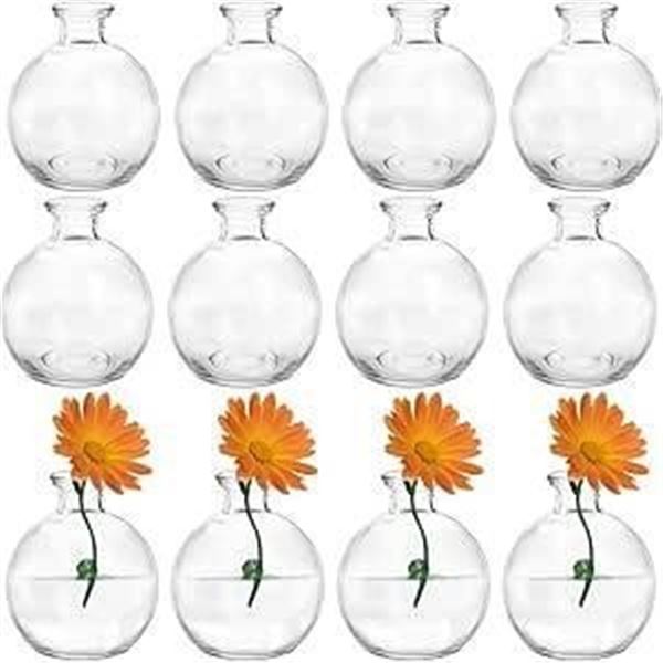 SOUJOY Set of 12 Small Glass Ball Bud Vase, Unique Mini Low Sitting Flower Vase, Clear Floral Center