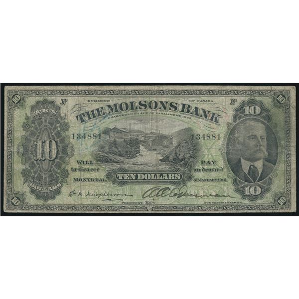 Molsons Bank $10, 1916