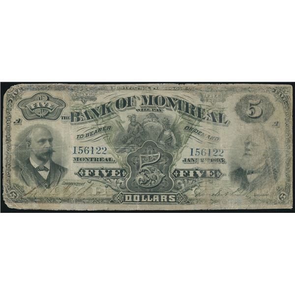 Bank of Montreal $5, 1895