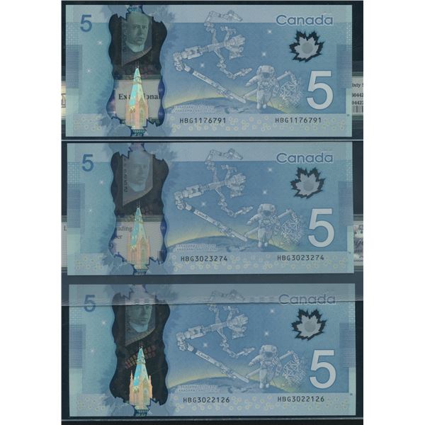 Bank of Canada $5, 2013 - Lot of 3