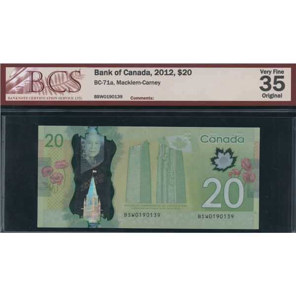 Bank of Canada $20, 2012 - Scarce BSW Prefix